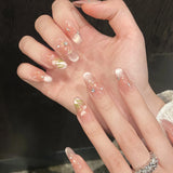 Daiiibabyyy  10pcs Blush Cat's Eye Manicure Hand-painted Tulip Flower Shiny Rhinestone Press On Nails Sweet Pink Spring Summer False Nails