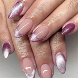 Daiiibabyyy  24pcs Cat's Eye Purple Fake Nails Simple Fashion Glitter French Design Short Almond Press on Nails Tips Datachable False Nail