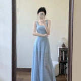 Daiiibabyyy  French Style Blue Lace Vest Dress Women Summer Tea Break Slimming Long Skirt Breathable Comfortable Casual Holiday Wear