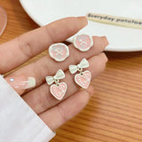 DAIIIBABYYY  -  Charm Pink Heart Flower Bow Round Shape Stud Earrings Set Korean Fashion Women Girls Kpop Y2K Earring Jewelry brincos
