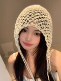 DAIIIBABYYY  -  Simple Hand-woven Hollow Fringed Pullover Hat Women Spring and Summer Thin Breathable Big Head Ear Protector Skull Beanie Cap