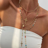 Daiiibabyyy  3Pcs Unique Cross Pendant Necklace Set for Women Simple Crystal Necklace Sweater Chain Long Y-shaped Necklace Y2K Party Jewelry