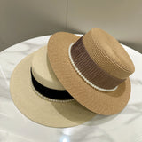 DAIIIBABYYY  -  Summer Elegant Pearl Chain Flat Sun Hats for Women Chapeau Feminino Straw Hat Panama Wide Brim Anti-UV Beach Cap Girl Topee