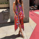 Daiiibabyyy  Casual Beach Bohemian Maxi Dress Women Printed Halter Sleeveless Backless Irregular Hem Dresses 2025 Vacation Summer Boho Robes