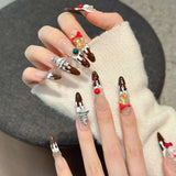 Daiiibabyyy  10pcs Christmas Handmade Nails Tips Snowman Cake Design Extra Long Oval Fake Nail Art French False Nail Bow Press on Nails Sets
