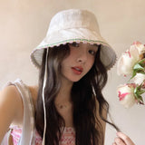 DAIIIBABYYY  -  Japanese New Sweet Lace Decorative Bucket Hat Women's Spring Summer Big Brim Sunshade Windproof Lace-up Sun Caps Gorras