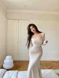Daiiibabyyy  French Vintage Women Beige Elegant Square Neck Fishtail Evening Party Dresses Autumn Long Sleeve Vacation Pleated Wrap Hip Dress