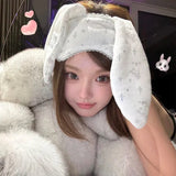 Daiiibabyyy  Cute Rabbit Eye Mask for Sleeping Sweet Printed Big Rabbit-ear Blackout Eye-mask Lace Hair Band for Washing Face Makeup Daily
