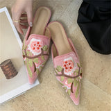 Daiiibabyyy  Spring Retro Design Embroidery Pointed Toe Women Slippers Low Heels Comfortable Mules Party Shoes Zapatos De Mujer