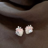 Daiiibabyyy  Exquisite Pink Strawberry Earrings for Women Light Luxury Zircon Heart-Shaped Earrings Y2K Girl Cute Jewelry Accessories