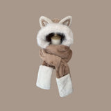 Daiiibabyyy  New Thickened Hat Scarf Gloves Set Keep Warm Fox Ear Ear Protection Cap Plush Windproof Integrated Cap Scarf Cycling