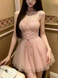Daiiibabyyy  Sweet Fashion Elegant Pink Dress Women Chic Bandage Design Slim Strap Party Dress Korean High Street Y2k Lovely Fairy Mini Dress