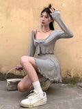 Daiiibabyyy  Two Piece Sets Women Clothing Sun Protection Crop Korean Cardigan + Fashion A-Line Mini Slip Dress Autumn Y2k Solid Color Suit