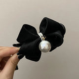 Daiiibabyyy  Velvet Bow Hair Claw Clips For Women Elegant Pearl Ornament Bun Clip Hair Grab Strong Hold Clamps Daily Hair Accessories
