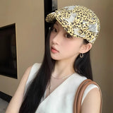 DAIIIBABYYY  -  American Personalized Leopard Print Lace Splicing Hole Forward Hat Women's Trend Y2k Breathable Short Brim Sunshade Painter Cap