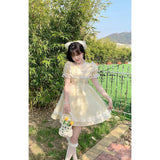 Daiiibabyyy  Spring and Summer French Sweet Bow Lace Embroidered Short Slimming High-Waist Princess Dress for Women