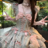DAIIIBABYYY  -  Lolita Style Sweet Contrast Color Dress Women Flying Sleeve Cute Fairy Dresses Kawaii Japanese Lace Patchwork Bow Vestidos