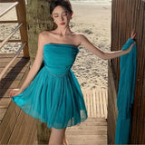 DAIIIBABYYY  -  Blue Sexy Strapless Princess Birthday Party Dress Summer Holiday Beads Belt A Line Mini Dress Slash Neck Ribbon Slim Short Skirt