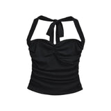 Daiiibabyyy  New Women's Fashion Sexy Backless Halter Neck Tie-up Ruched Tube Top Ultra-short Camisole Top In Solid Color Pure Desire F1MR