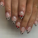 Daiiibabyyy  24Pcs Short Almond Nails Set Press on Leopard Print French Full Cover Fake Nails Tips with Cherry Pattern Detachable False Nails