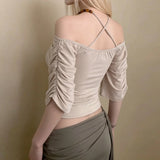 Daiiibabyyy  Short Sleeve Blouse For Woman Off Shoulder T-shirt Top Fitted Square Neck Tops Vintage Crop Top Beige Ruched Ribbed Knit