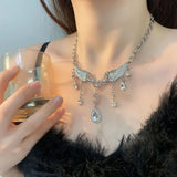 Daiiibabyyy  Silver-Color Crystal Wing Necklace for Women Luxury Delicate Moon Water Drop Pendant Necklace Temperament Romantic Accessories
