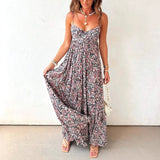 Daiiibabyyy  Women Elegant Floral Print Sling Dress Sexy Off Shoulder Backless Long Pleated Party Dress Fashion Hight Waist Swing Bohe Dress