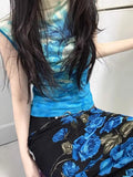 Daiiibabyyy  New Design Sense Niche Summer Outfit Age Reducing Short Sleeved Blue Blend Top Women Unique Beautiful Mini