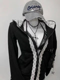 Daiiibabyyy  Autumn New Black Lace Hoodie Jacket Women Y2k Light Asian Style Millennium Spicy Girl Slim Fit Waist Slimming Top