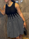 DAIIIBABYYY  -  Hit Color Stripe Knitting Tunic Dresses For Women Round Neck Sleeveless High Waist Temperament Dress Female Fshion Style