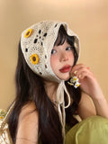 Daiiibabyyy Idyllic Flower Headscarf Women Summer Seaside Knitted Hollow Crochet Triangular Towel French Retro Bag Head Headband Trendy