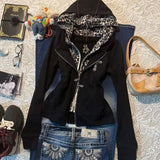Daiiibabyyy  Subculture Y2k Leopard Print Splicing Fake Two-piece Hooded Sweatshirt Jacket Autumn Zipper New Design Sense Top Ins