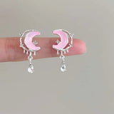 Daiiibabyyy  Exquisite Pink Star Moon Drop Earrings for Women Sweet Cute Shiny Zircon Geometric Temperament Earrings Wedding Jewelry Gifts