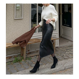 Daiiibabyyy  Spring and Autumn Retro Slit Leather New Autumn Winter High Waist Temperament Mid-length One-step Skirt