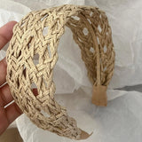 Daiiibabyyy  1PC Beach Vacation Hollow Straw Headband, Wide Side Face Slimming Hair Hoop, Fashion Women Elegant Daily Travel Hair Accessories