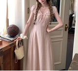 Daiiibabyyy  Women's Clothing French Style V-Neck Long Dress Stylish Drawstring Bow Summer Short Sleeve Vintage Elegant A-Line Waist Dresses