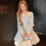 Daiiibabyyy  New Autumn Long Sleeve Tweed Midi Dress Elagant Female Peter Pan Collar Princess Dress Vintage Lace Patchwork Party Dress