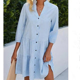 Daiiibabyyy  Summer Woman Dress Pleated Midi Light Blue Dresses Gingham Print Three Quarter Sleeve Casual Dress Ruffle Hem Button Down Dress