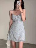 DAIIIBABYYY  -  Korean Splicing Fungus Edge Floral Suspender Dress Women Summer New Style French Small Fresh Lace Up Short Vestidos