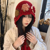 Daiiibabyyy  Cute Tassels Crochet Knitted Hat Hollow Out Handmade Knit Cap Korean Bohemian Style Weave Cap Travel