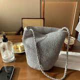 Daiiibabyyy  New Large Capacity Handwoven Bucket Bag Solid Color Boho Metal Line Bucket Bag Straw Design Handmade Crossbody Bag Gifts