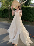 DAIIIBABYYY  -  French First Love Strap Heavy Duty Lotus Leaf Edge Dress Summer Vacation White Embroidered Super Fairy Long