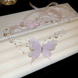 Daiiibabyyy  Romantic Butterfly Pearl Tie Bow Necklace Women Luxury Silk Ribbon Sweet Chokers Collarbone Chain Temperament Jewelry Gift Party