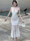 DAIIIBABYYY  -  Summer White Mesh Patchwork Ruffled Mermaid Dress Women Elegant Diamonds Neck-mounted Sexy Dress 2025 Korean Luxury Party Dress