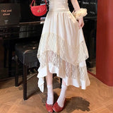 Daiiibabyyy  Irregular Sweet Lace Midi Skirt Women High Waisted Ruffled Pleated Skirt Preppy Style Summer Vacation Beach Tiered Cake Skirt