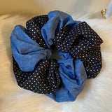 Daiiibabyyy  1pc Retro Denim Polka Dot Double-Loop Hair Scrunchie - Stylish INS Trend, Unique Vibe, Ideal for Ponytails, New-Arrival Hair Acc