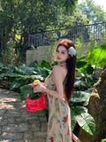 Daiiibabyyy  Vintage Printing Halter Dress Women's Clothing Sleeveless Slim Fit Temperament Vestidos High Waist Fashion Sweet Maxi Dress
