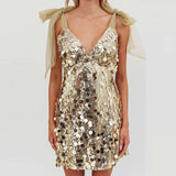 Daiiibabyyy  Shiny Sequins Sleeveless Slim Fit Women's Dress Sexy Backless Summer Mini Dresses Low Cut V Neck Mesh Suspender Club Party Dress