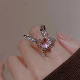 Daiiibabyyy  Korea Cute Rabbit Ear Rings Girl Women Bunny Zircon Jewelry Opening Rings For Girlfriend Sweet Cool Wind Jewelry Gifts