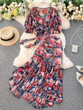 DAIIIBABYYY  -  Bohemian Pink/Blue Floral Print Chiffon 2pcs Set Women Summer Bandage Short Tops + High Waist Mermaid Skirt Female Sets
